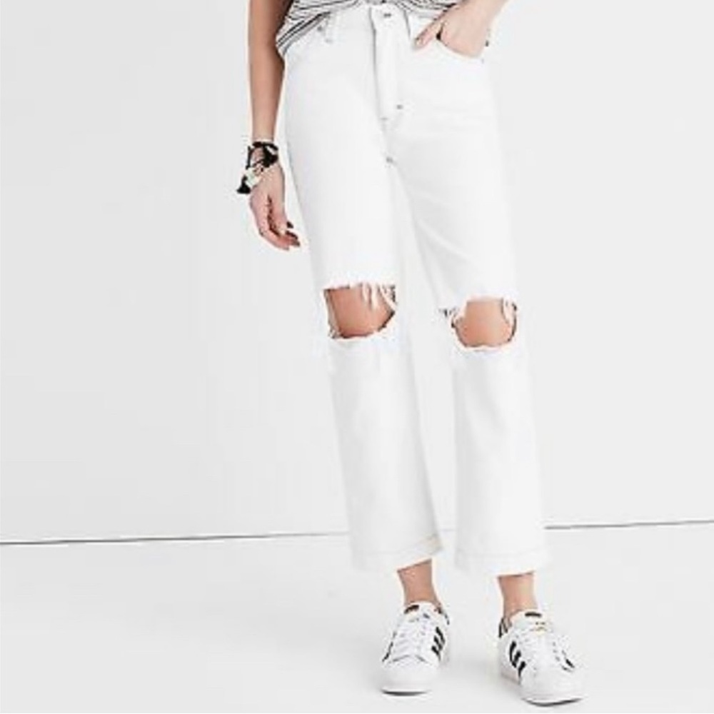 Madewell White Ripped High Rise Straight Jeans | Size 28 | Cropped